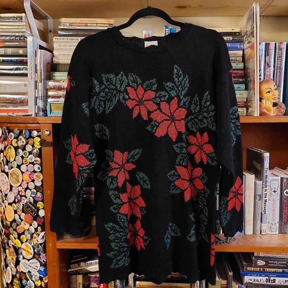 Vintage red, green, and black sparkly winter sweater.